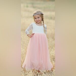 Pink and White Lace Long Sleeve Dress